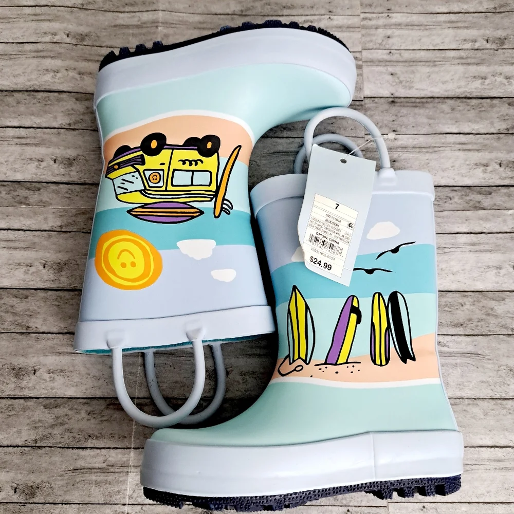 Cat & Jack Boy's Evan Blue Toddler Beach Scene Rubber Slip-on Rain Boots Sz 7